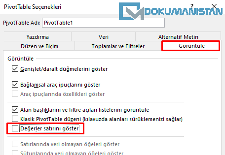 Görüntüle Sekmesi - Değerler Satırını Göster Seçimi Kaldırma