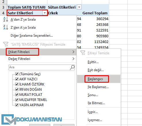 Toplamlar ve Filtreler Sekmesi - Etiket filtresi başlangıcı