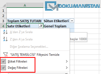 Toplamlar ve Filtreler Sekmesi - Etiket ve Değer Filtreleri