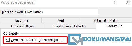 Genişle - Daralt Düğmelerini Göster Seçimi