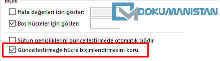 Güncelleştirmede hücre biçimlendirmesini koru