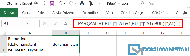 Köşeli Parantez Ayıklama Formülü Sonucu