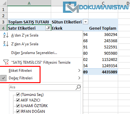 Toplamlar ve Filtreler Sekmesi - PivotTable Değer Filtreleri