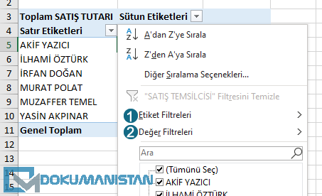 PivotTable Etiket Değer Filtreleri