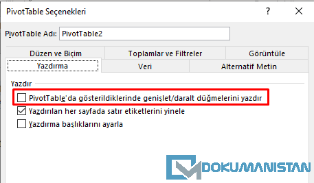 PivotTable'da gösterdiklerinde genişlet/daralt düşmelerini yazdır