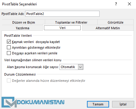 PivotTable Seçenekleri - Veri Sekmesi