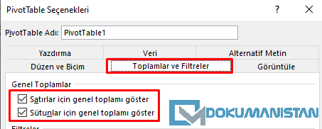 Toplamlar ve Filtreler Sekmesi - Toplamlar Filtreler- Genel Toplamlar