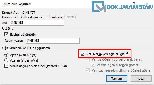 Veri İçermeyen öğeşer, Gizle