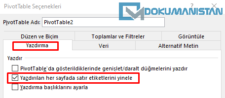 Yazdırılan her sayfada satır etiketlerini yinele