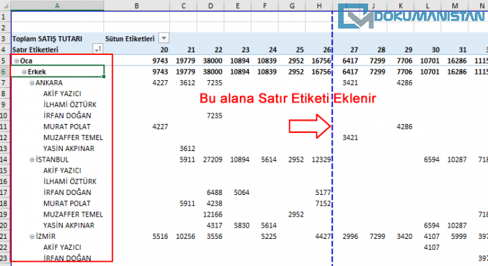 Yazdırılan her sayfada satır etiketlerini yinele