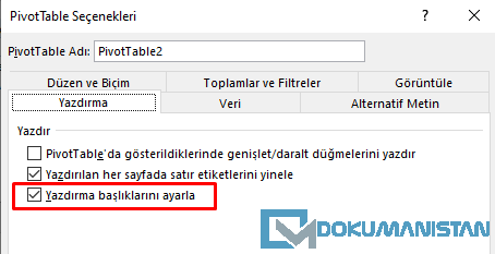 Yazdırma Sekmesi - Yazdırma başlıklarını ayarla
