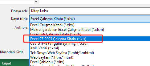 Excel XLS olarak Kaydetme