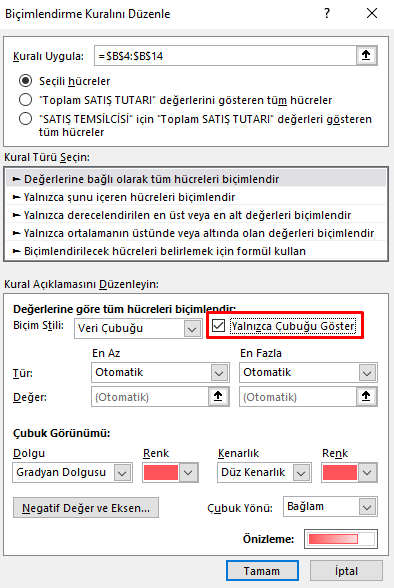 Koşullu Biçimlendirme - Yalnızca Çubuğu Göster