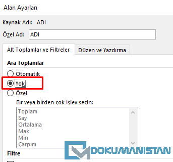 PivotTable Alt Toplamlar ve Filtreler - Yok