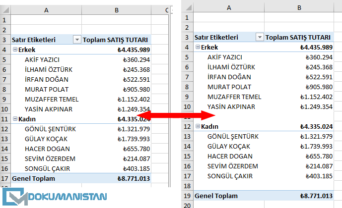 PivotTable Boş Satır Ekle Tasarım