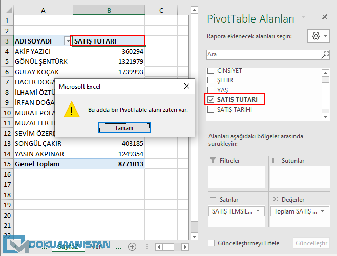 Bu Adda PivotTable Hatası Zaten Var