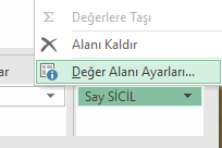 PivotTable Değer Alan Ayarları Say