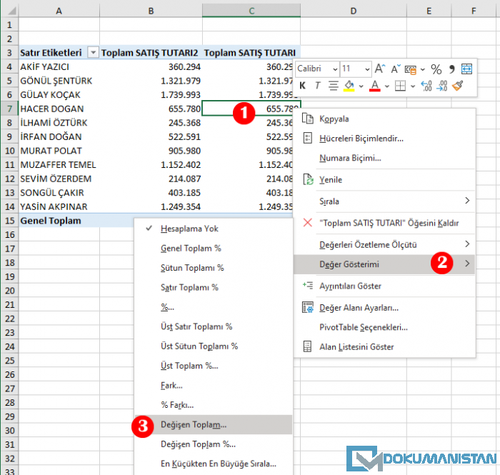 PivotTable Değerleri Gösterimi Değişen Toplam