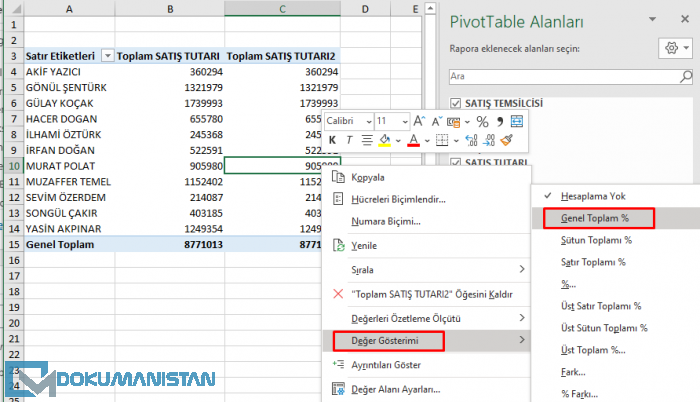 PivotTable Değer Gösterimi Genel Toplam % Gösterim İpuçları