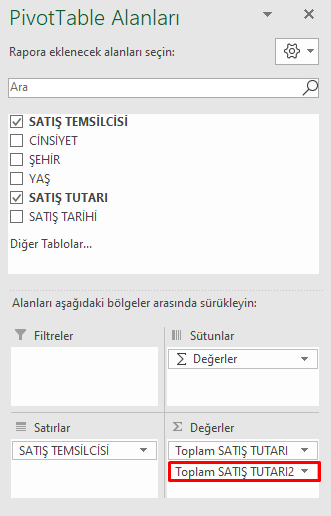 PivotTable Değerler Alanı Çift Kolon Ekle