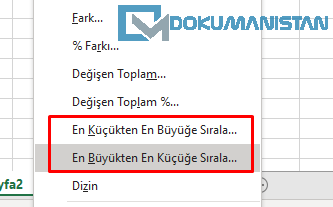 PivotTable Değerler Sıralaması Seçenekleri