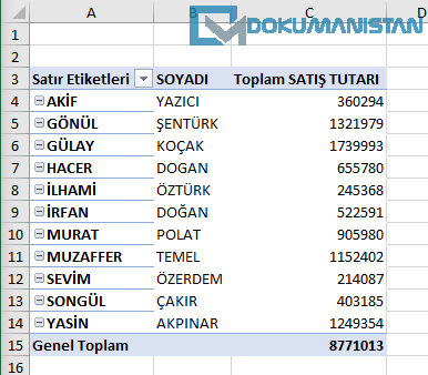 PivotTable İki Alanda Hesaplama İptali Çözümü Gösterim İpuçları