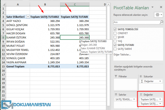 PivotTable Kümülatif Toplam Gösterimi