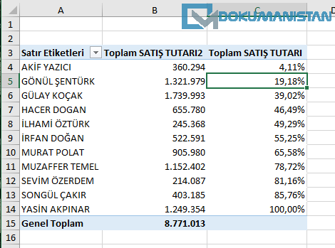 PivotTable Kümülatif Toplam Çözümü Yüzdesi Gösterim İpuçları