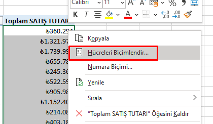 PivotTable Hücreleri Biçimlendir