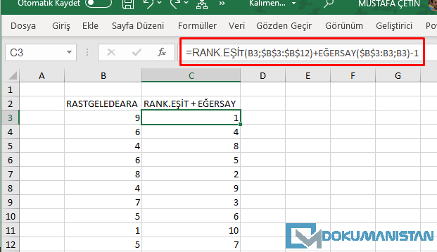 RANK.EŞİT Fonksiyonu Kullanımı