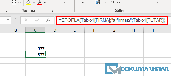 Tablo Nesnesi kullanarak Etopla Formülünü kullanma