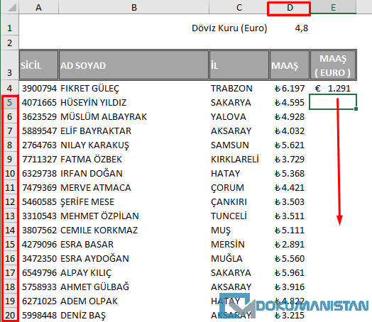 Hücre Sabitleme İşleminin Aşağıya Doğru gitmesi