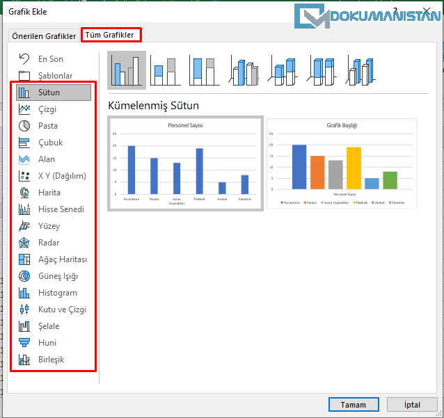 Excel Tüm Grafik Kategorisi Listesi