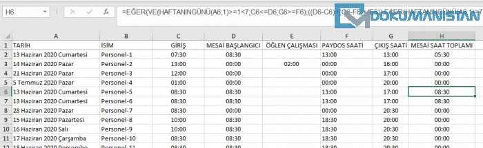 Mesai Saatleri Hesaplaması