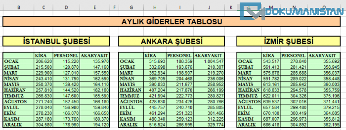 Veri Birleştir Aylık Gider Tablosu