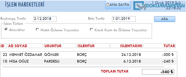 Access Mağaza Takip Programı Projesi - İşlem Hareketleri