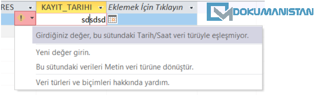 Tablo Veri Tipi Kontrolü