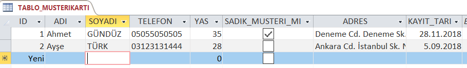 Tablo Müşteri Kartı Veri Girişi