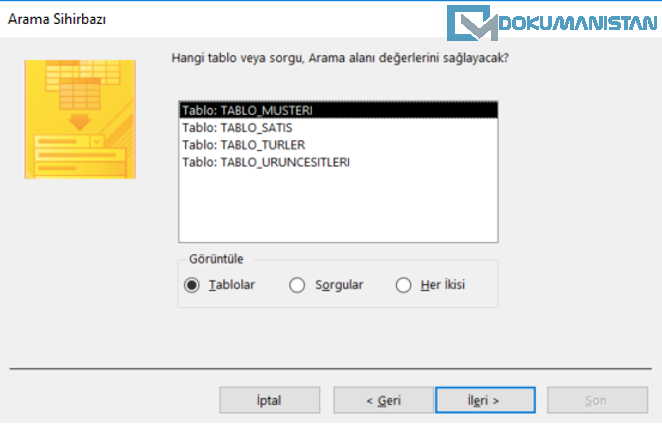Access Arama Sihirbazı İle Tablo İlişkiler Kurma 2. Adım