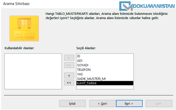 Access Arama Sihirbazı İle Tablo İlişkiler Kurma 3. Adım