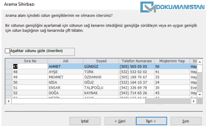 Access Arama Sihirbazı İle Tablo İlişkiler Kurma Anahtar Sütunu Belirleme