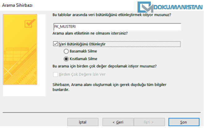 Access Arama Sihirbazı İle Tablo İlişkiler Veri Bütünlüğünü Etkinleştir