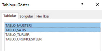 Access İlişkiler Menüsü Tabloyu Göster Ekranı