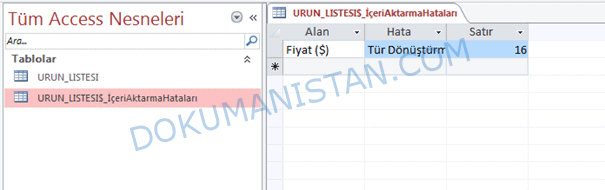 Access İçeri Aktarma Hataları
