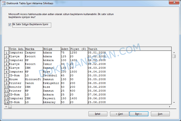 Access Excel Tablo İçeri Aktarma Sihirbazı -2