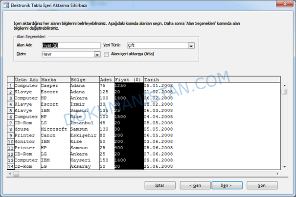 Access Excel Tablo İçeri Aktarma Sihirbazı -3