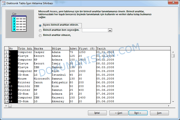 Access Excel Tablo İçeri Aktarma Sihirbazı -3
