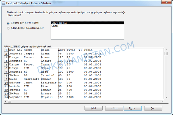 Access Excel Tablo İçeri Aktarma