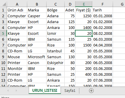 Excel Örnek Veri