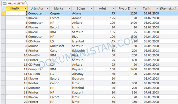 İçeri Aktarılan Access Tablosu